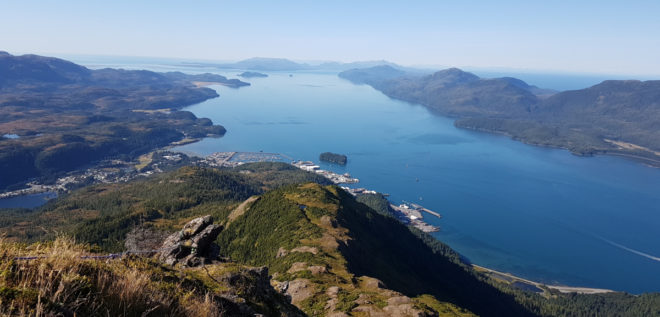 View overlooking Orca Inlet from Eyak peak with alpine trail in the foreground, water and mountains in the background